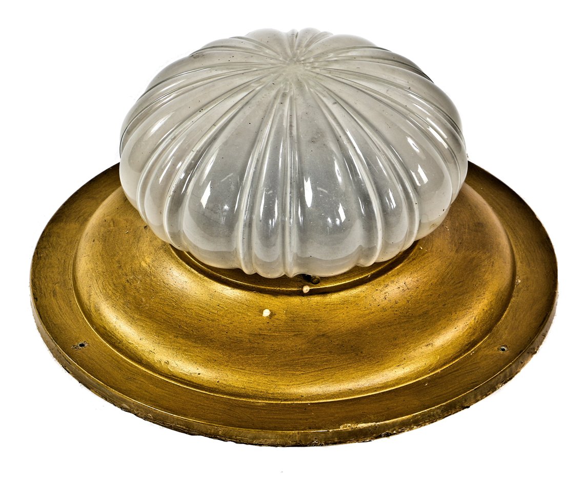 early 20th century antique american decorative interior residential flush mount ceiling fixture with oversized "pan" shade fitter and heavily grooved and frosted glass globe