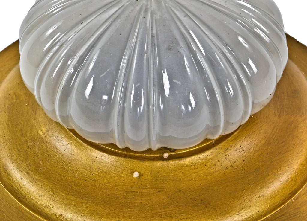 early 20th century antique american decorative interior residential flush mount ceiling fixture with oversized "pan" shade fitter and heavily grooved and frosted glass globe