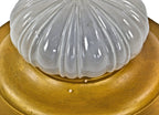 early 20th century antique american decorative interior residential flush mount ceiling fixture with oversized "pan" shade fitter and heavily grooved and frosted glass globe
