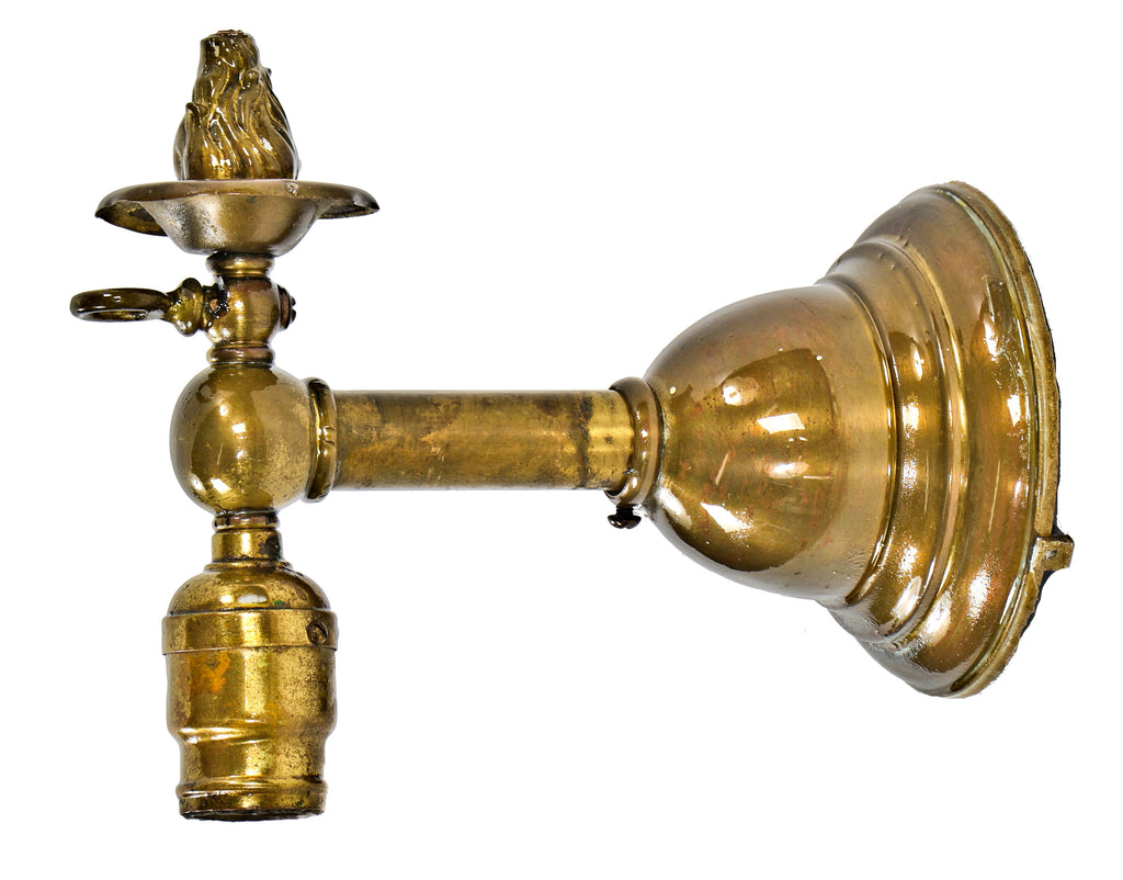 original c. 1909 interior residential antique american wrought and cast brass combination electric and gas wall sconce with mica shell socket and ornamental frame finial gasolier