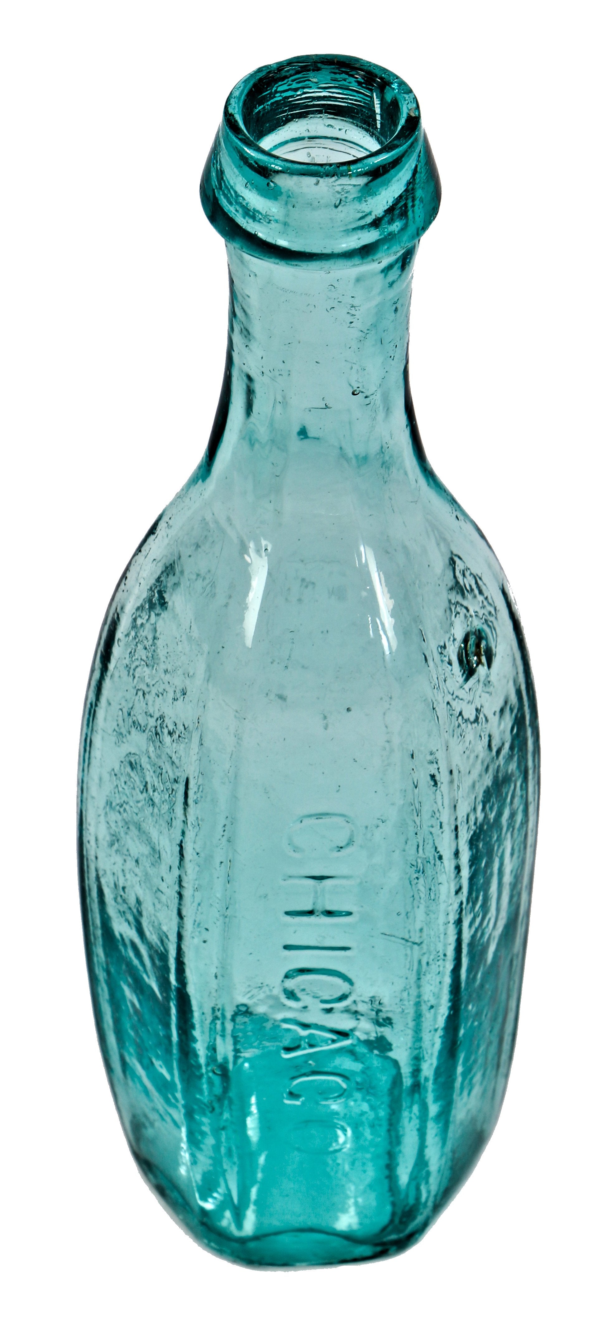 remarkably rare and seldom found original mid-1840's light aqua blue "superior" six-sided tenpin chicago soda or mineral water glass bottle with crude short tapered top