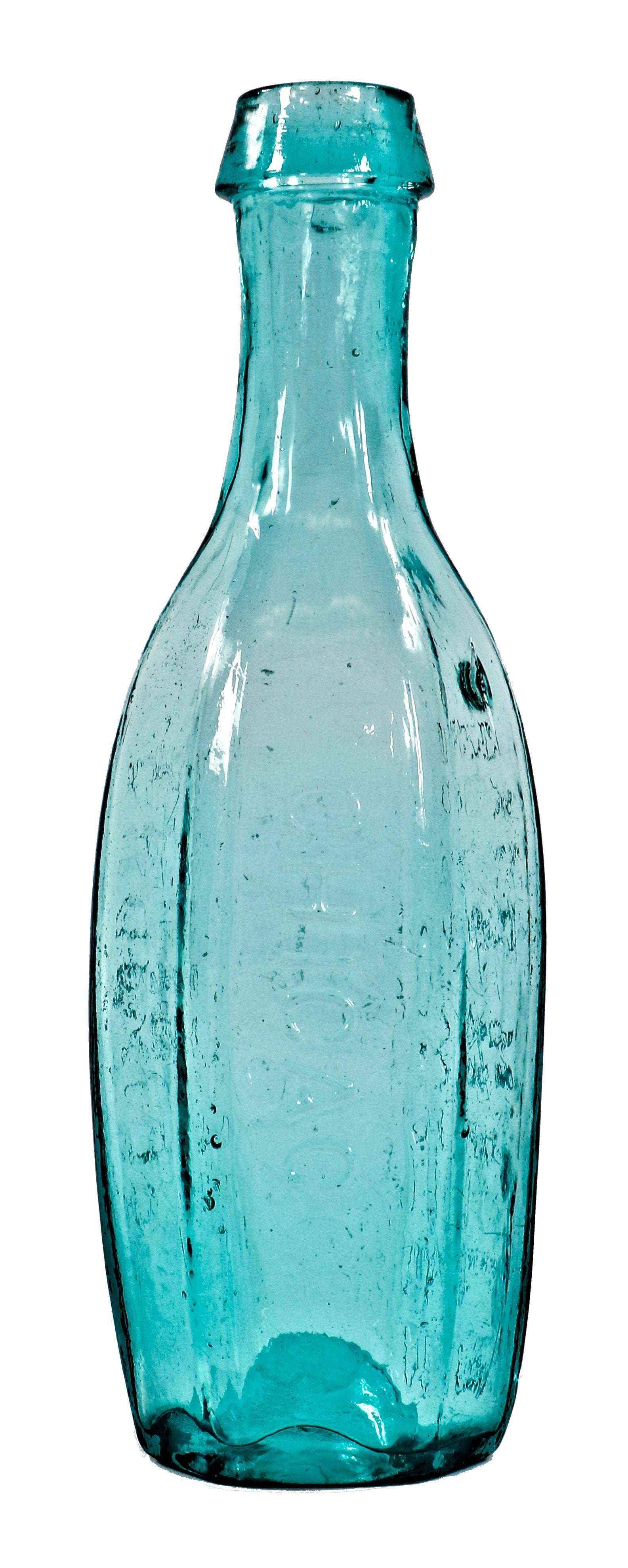 remarkably rare and seldom found original mid-1840's light aqua blue "superior" six-sided tenpin chicago soda or mineral water glass bottle with crude short tapered top