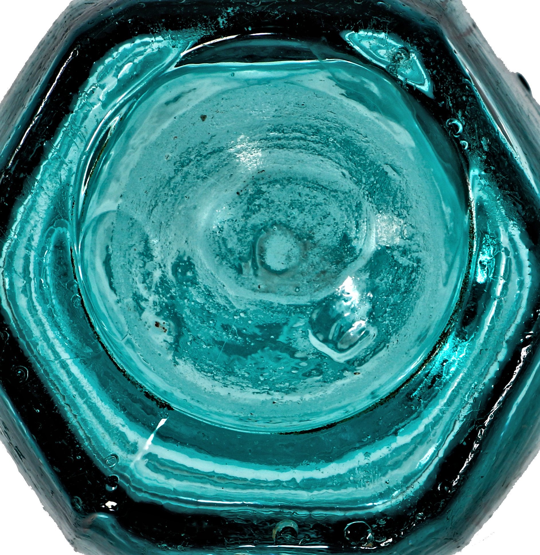 remarkably rare and seldom found original mid-1840's light aqua blue "superior" six-sided tenpin chicago soda or mineral water glass bottle with crude short tapered top