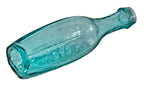 remarkably rare and seldom found original mid-1840's light aqua blue "superior" six-sided tenpin chicago soda or mineral water glass bottle with crude short tapered top
