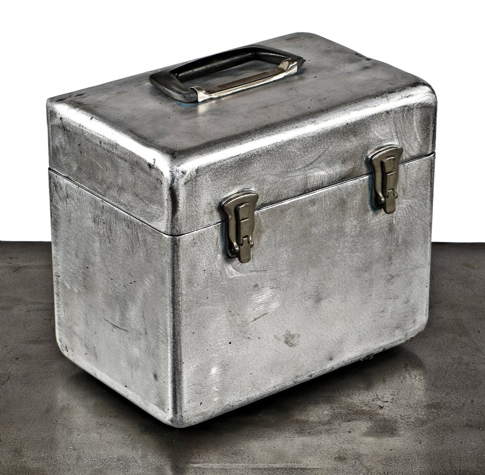 c. 1950's original vintage american industrial portable brushed and sanded aluminum radio equipment storage box with intact drop handle and spacious interior