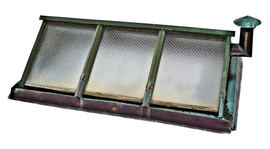 rare and hard to find completely intact c. 1909 exterior residential compact double-pitched metal wire glass rooftop skylight with nicely aged copper flashings and ventilator