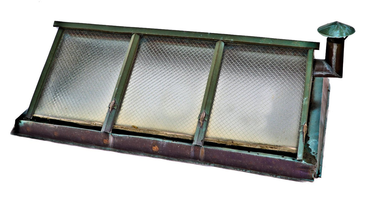 rare and hard to find completely intact c. 1909 exterior residential compact double-pitched metal wire glass rooftop skylight with nicely aged copper flashings and ventilator
