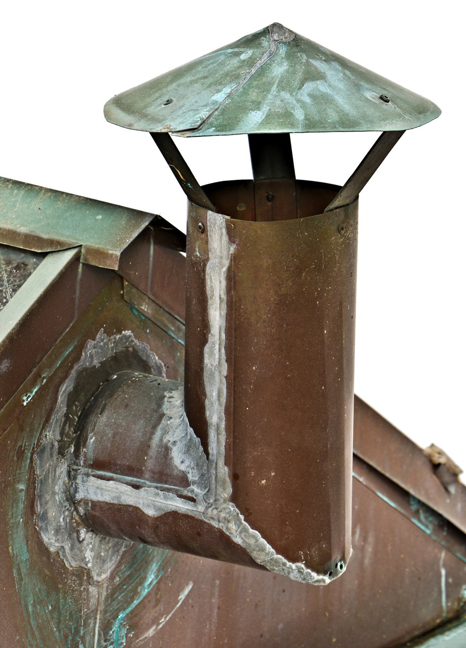 rare and hard to find completely intact c. 1909 exterior residential compact double-pitched metal wire glass rooftop skylight with nicely aged copper flashings and ventilator