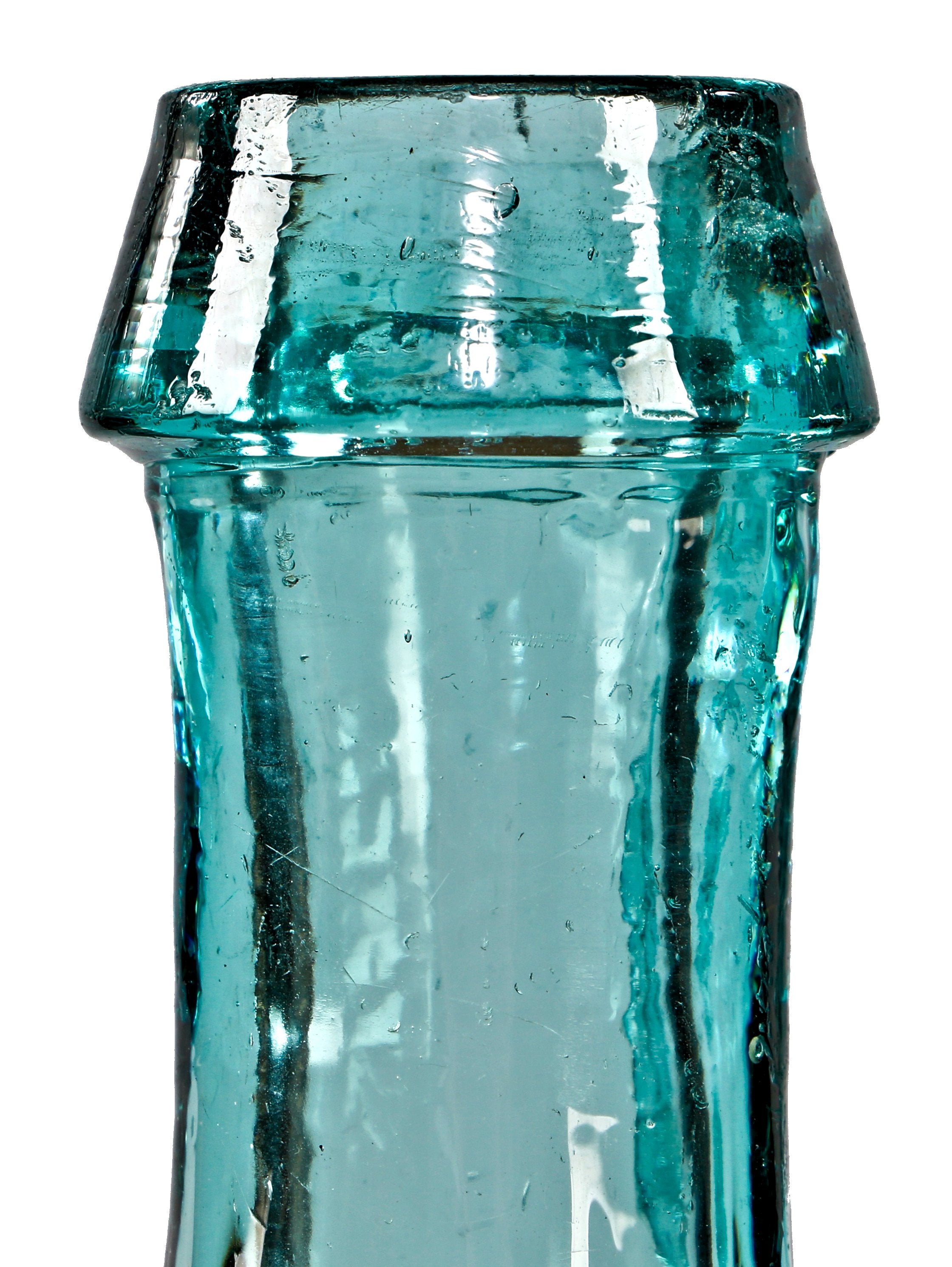 remarkably rare and seldom found original mid-1840's light aqua blue "superior" six-sided tenpin chicago soda or mineral water glass bottle with crude short tapered top