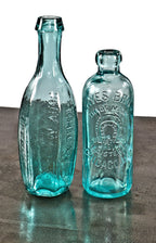 remarkably rare and seldom found original mid-1840's light aqua blue "superior" six-sided tenpin chicago soda or mineral water glass bottle with crude short tapered top