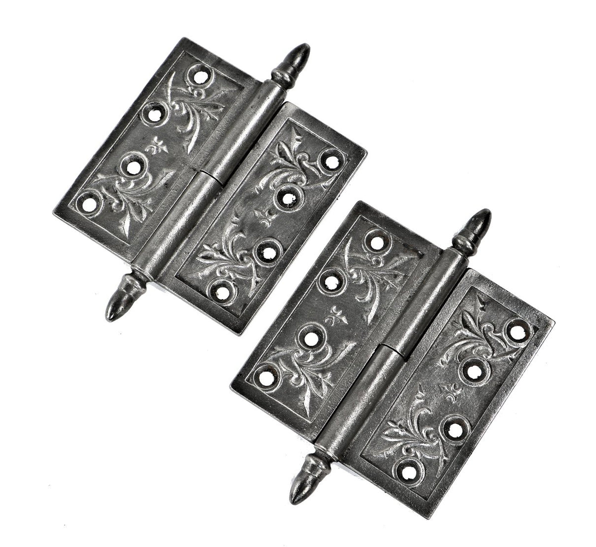 two matching refinished antique american 19th century brushed metal residential loose pin door hinges with unusually large acorn-shaped finials