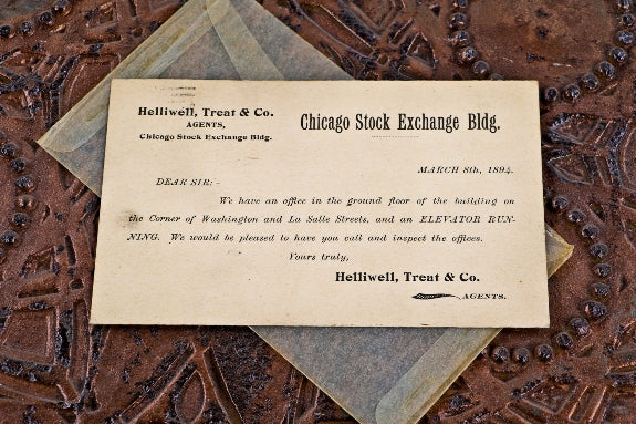 original and intact c. 1894 card from helliwell, treat & co. agents to attorney adolph loeb seeking inspection of the soon to be completed chicago stock exchange building.