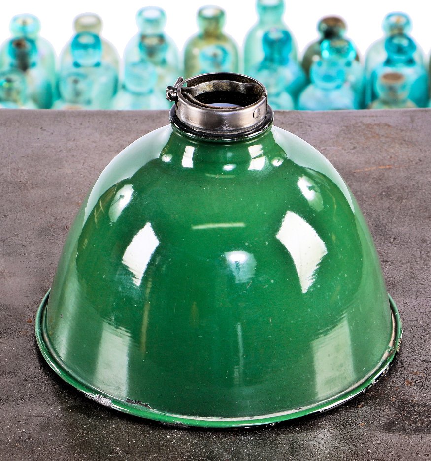 medium-sized antique american industrial task or drop pendant sized deep bowl benjamin factory shade or reflector with intact adjustable brushed steel shade fitter