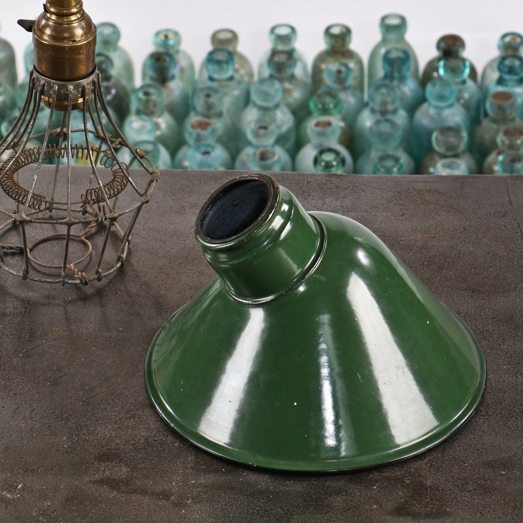 early 20th century antique american green porcelain enameled angled type replacement industrial cold-rolled steel reflector with reflective white underside