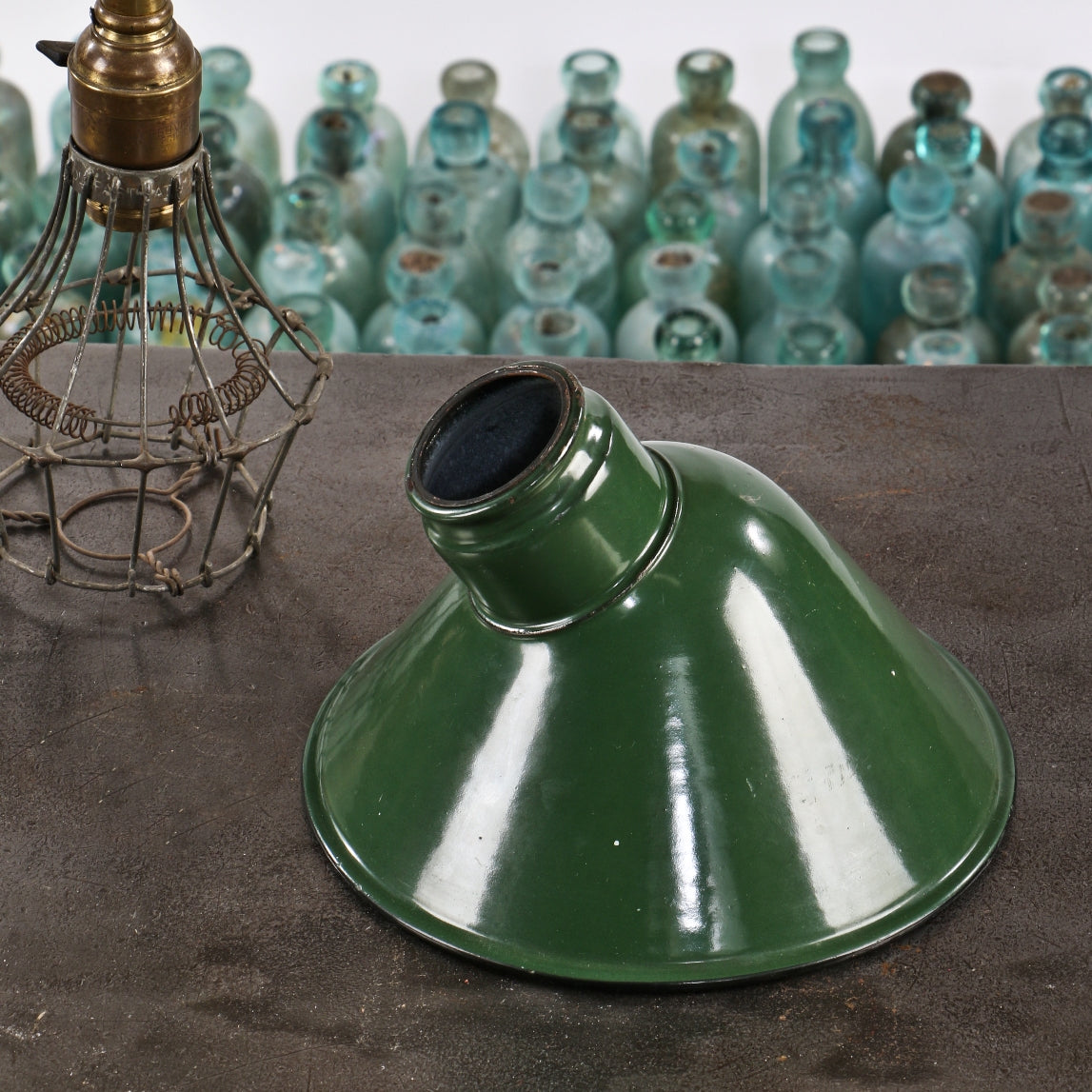 early 20th century antique american green porcelain enameled angled type replacement industrial cold-rolled steel reflector with reflective white underside