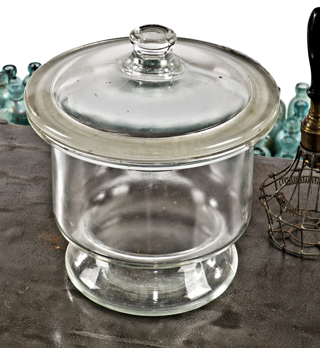 original and intact american antique medical heavy duty clear glass laboratory desiccator manufactured by coors labware salvaged from cook county hospital