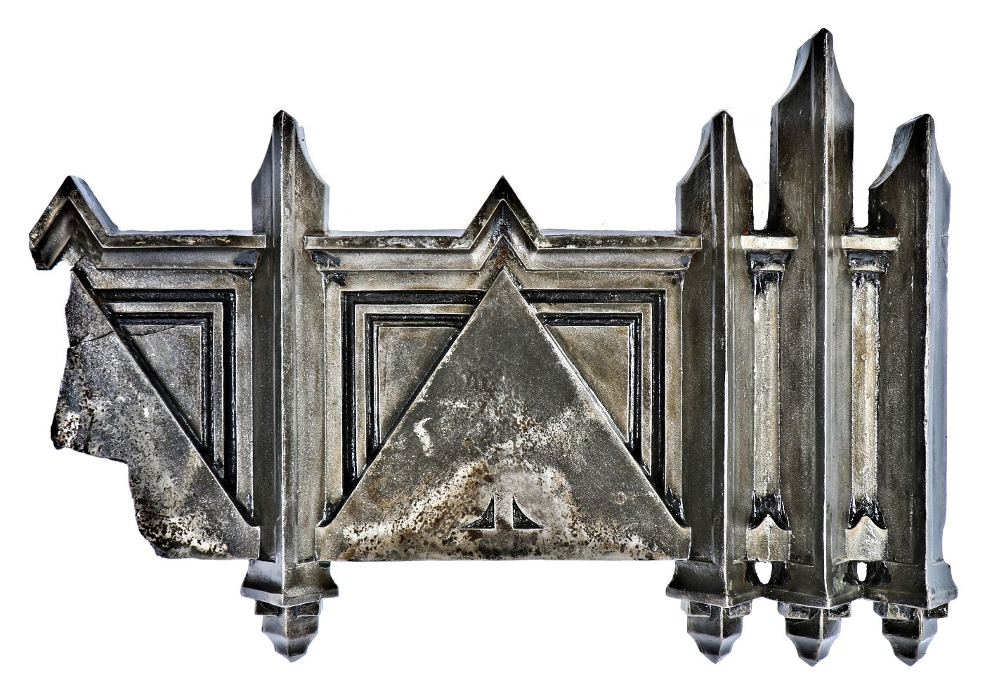 documented c. 1928 original and historically important ornamental cast iron exterior facade "stop and shop" building frieze fragment designed by hugh garden