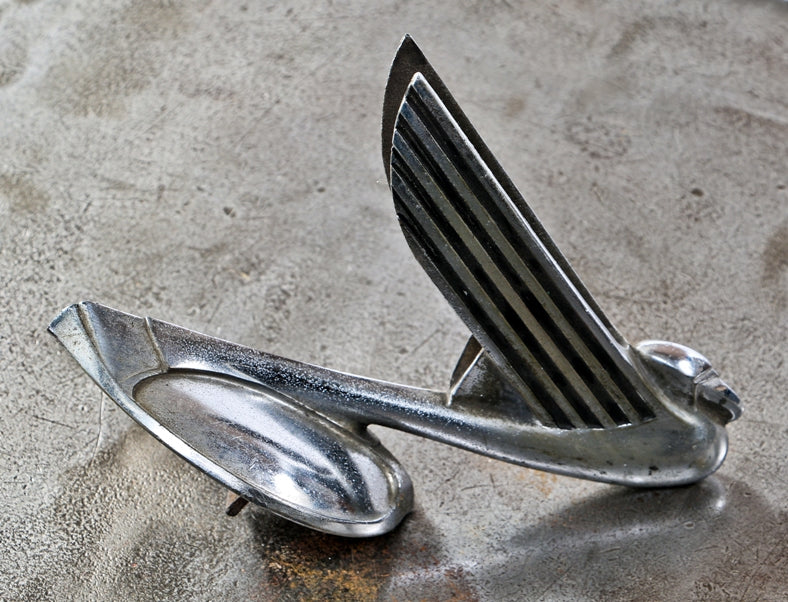 original c. 1930's antique american art deco streamlined style chrome-plated cast aluminum machine era chevy opera coupe figural automobile hood ornament or radiator cap