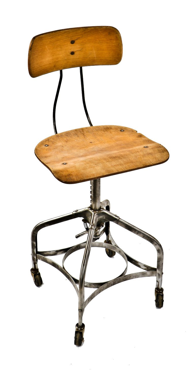 thoroughly cleaned and refinished antique american industrial mobile adjustable height "uhl art steel" toledo stool with maple wood seat and matching backrest