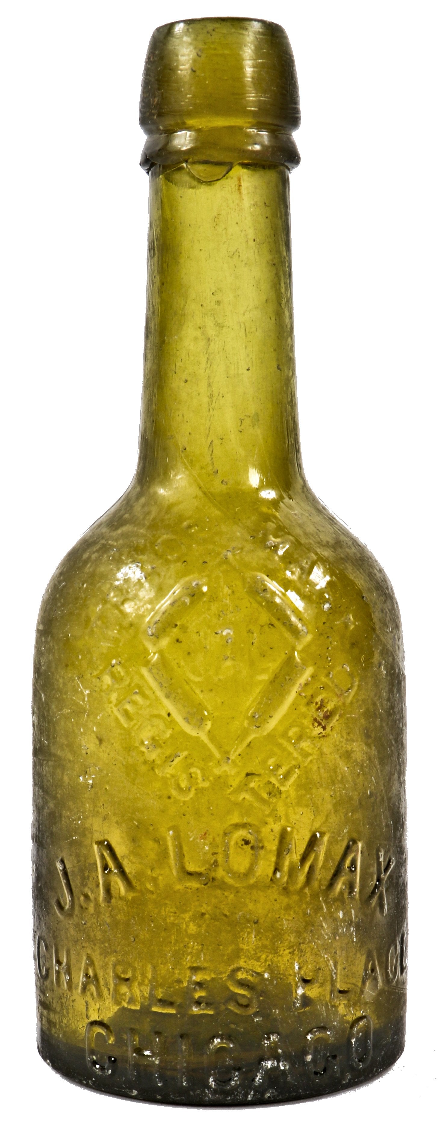 hard to find antique privy-dug c. 1870-1872 vibrant light olive green glass long neck porter pint bottle manufactured for chicago bottling giant john lomax