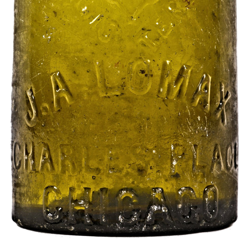 hard to find antique privy-dug c. 1870-1872 vibrant light olive green glass long neck porter pint bottle manufactured for chicago bottling giant john lomax