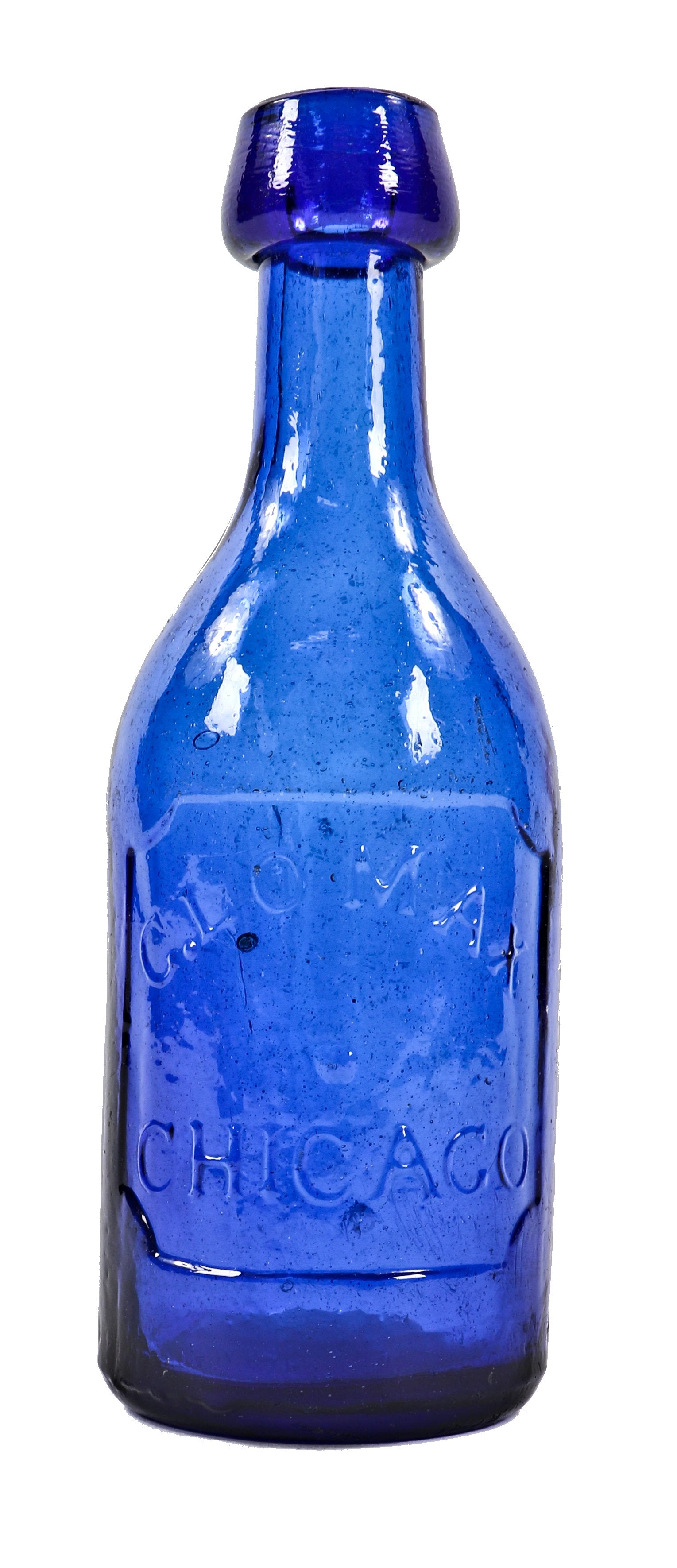 original and intact mid-nineteenth century richly colored electric blue glass pontiled blobtop soda bottle fabricated for george lomax in chicago, il.