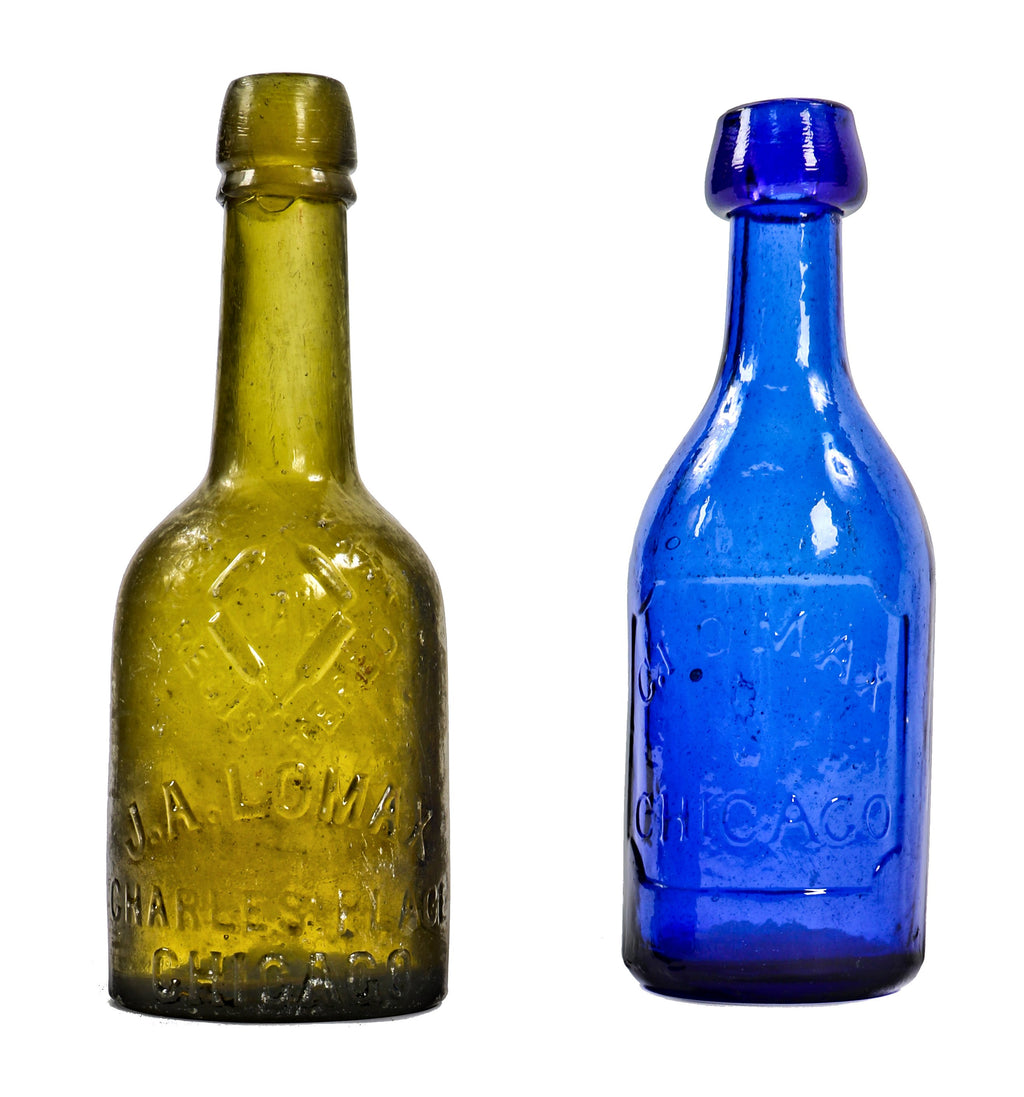 hard to find antique privy-dug c. 1870-1872 vibrant light olive green glass long neck porter pint bottle manufactured for chicago bottling giant john lomax