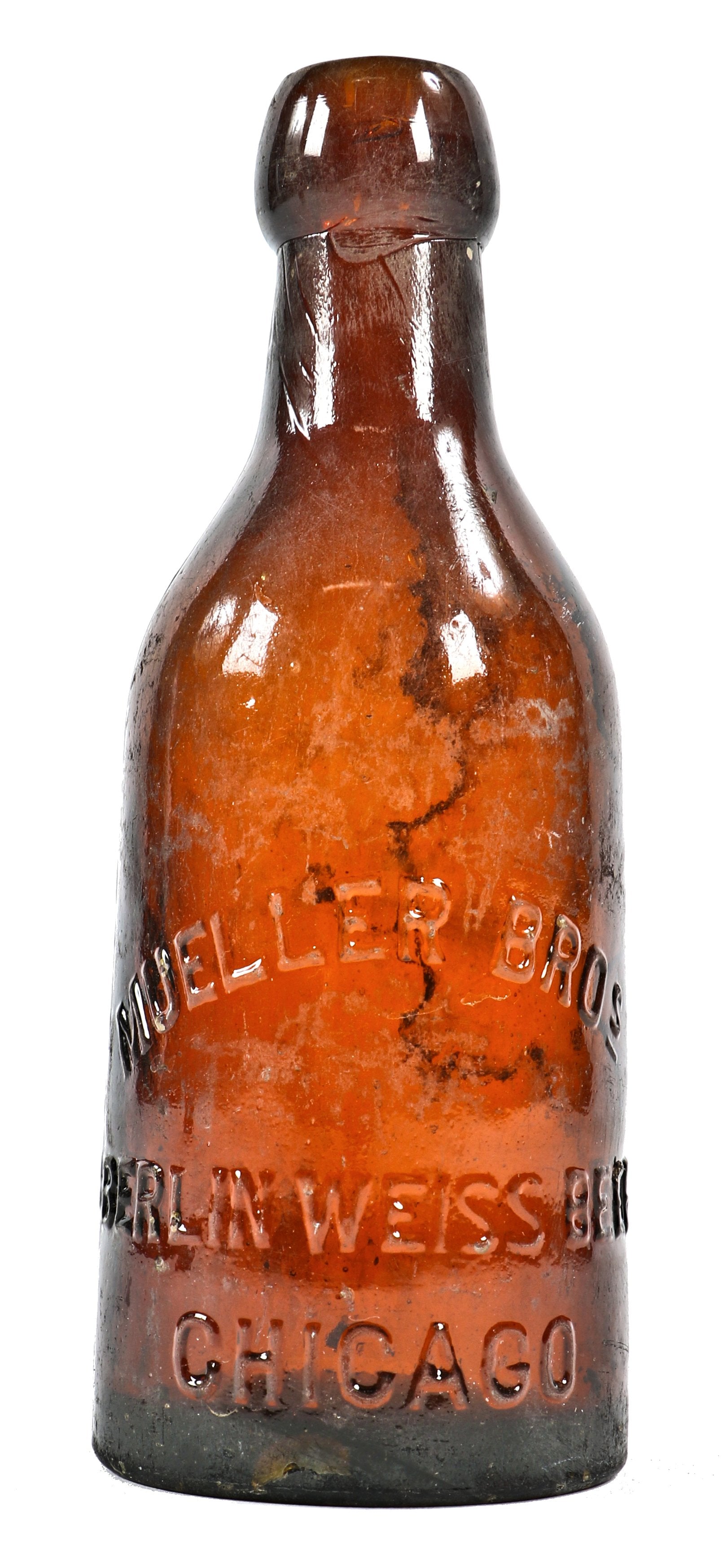original and hard to find deep amber colored short blob top "berlin weiss" beer bottle fabricated for the mueller brothers in chicago, il.