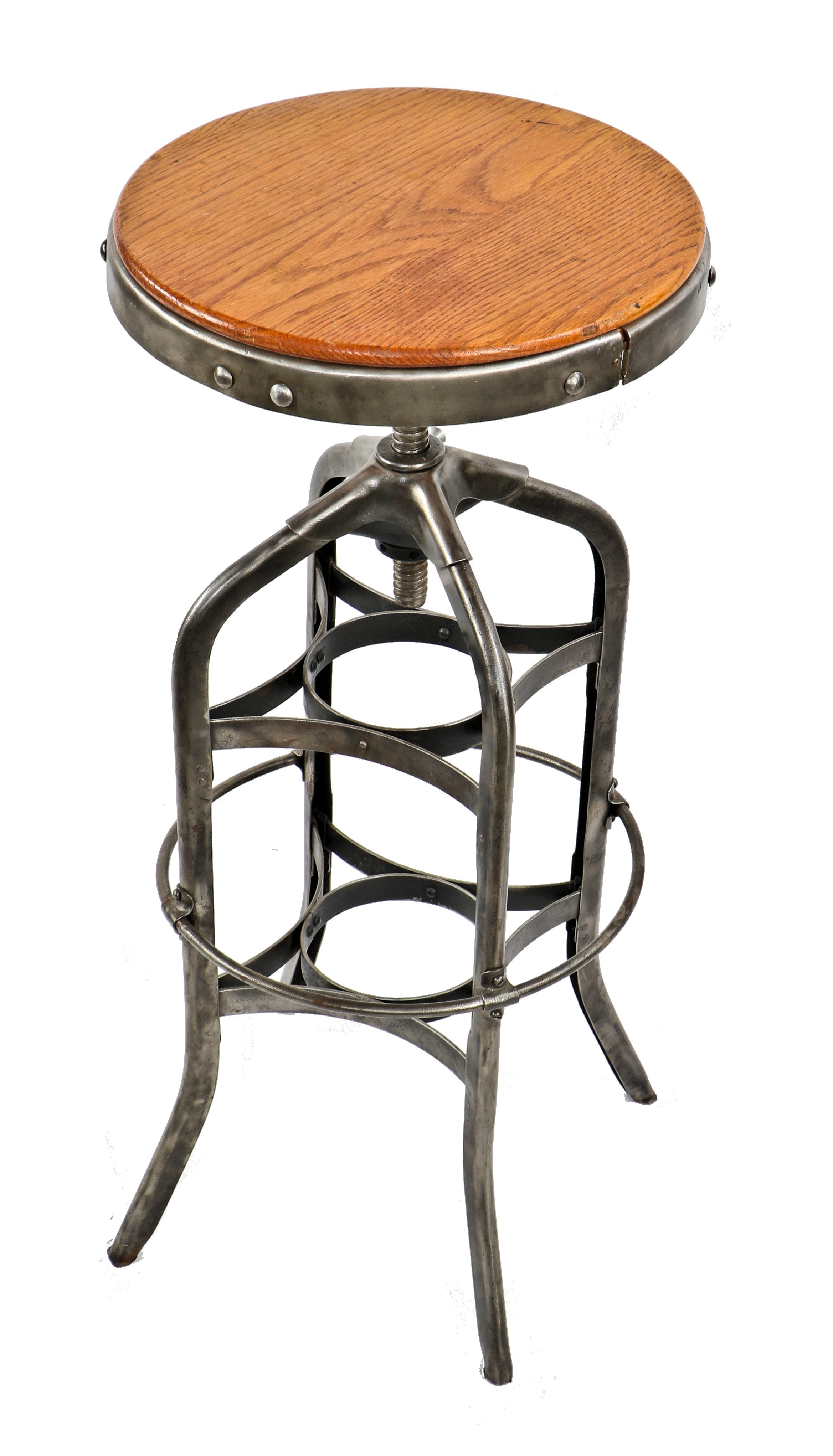 completely refinished antique american industrial "no. 621" fully adjustable "uhl art steel" revolving seat stool with a four-legged riveted joint pressed and folded steel base