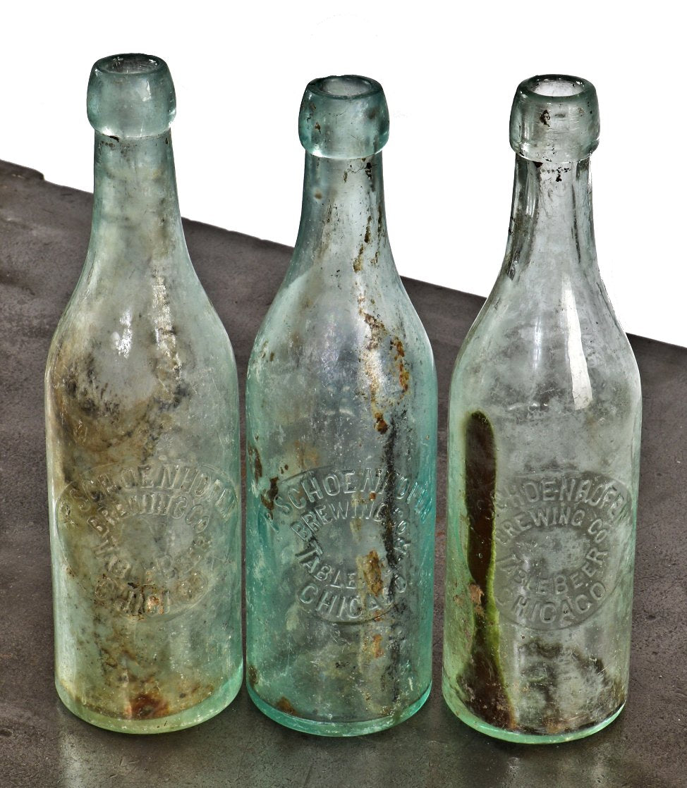original antique c. 1880's colorless or light aqua tinted glass "table beer" bottle fabricated for the peter schoenhofer brewing company in chicago, il.