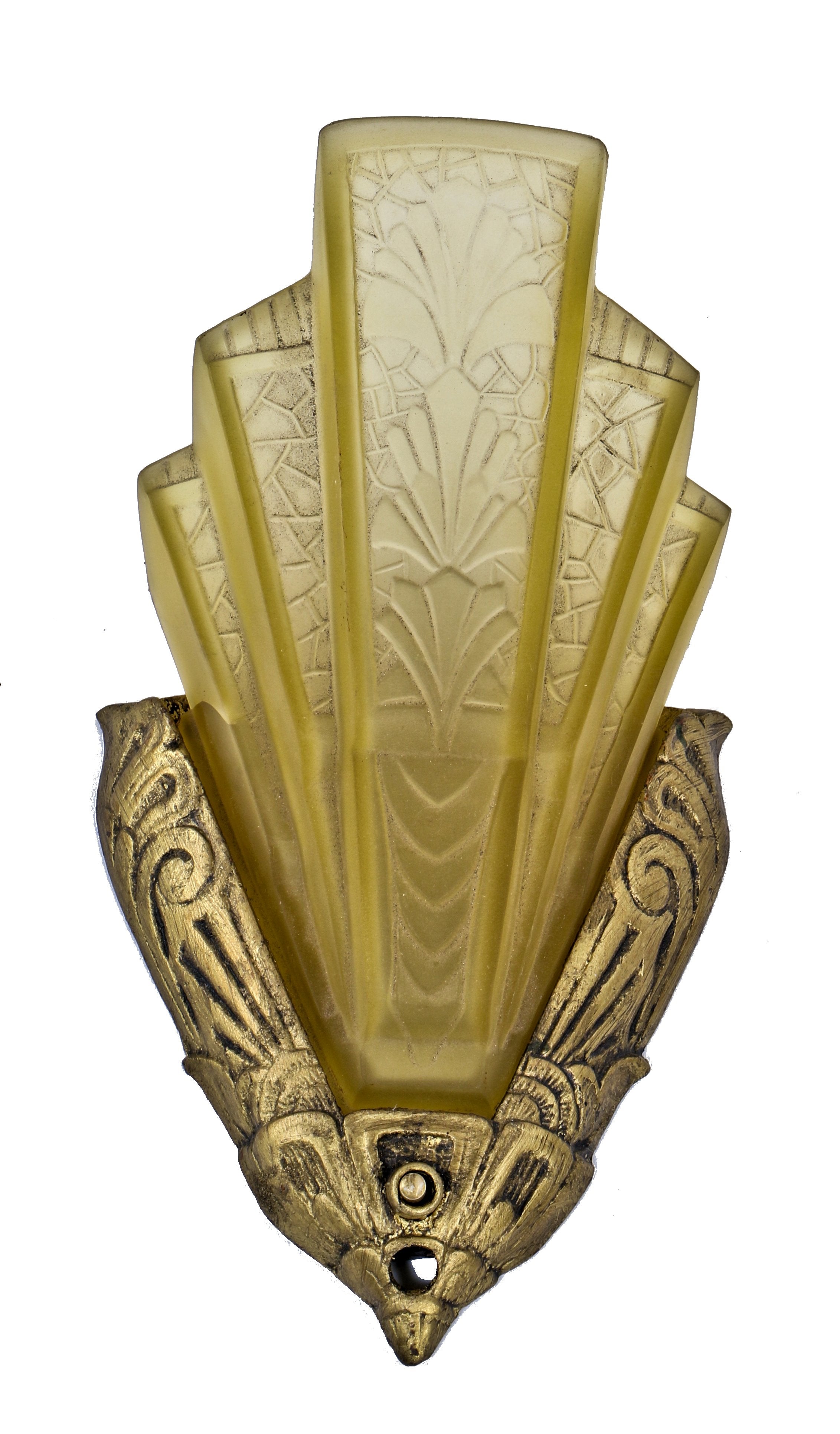 original c. 1930's depression era art deco style flush mount single electric light slip or "slipper" shade interior residential wall sconce with pressed ornamental amber glass shade