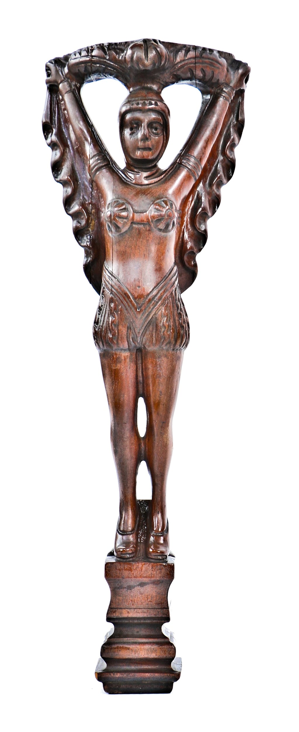 original c. 1930's antique american art deco style figural "flapper girl" carved solid walnut wood chair or possibly table leg with largely intact varnished finish