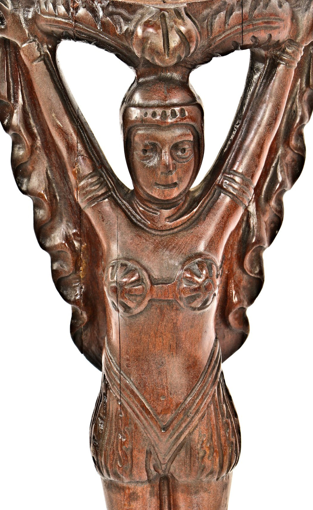 original c. 1930's antique american art deco style figural "flapper girl" carved solid walnut wood chair or possibly table leg with largely intact varnished finish
