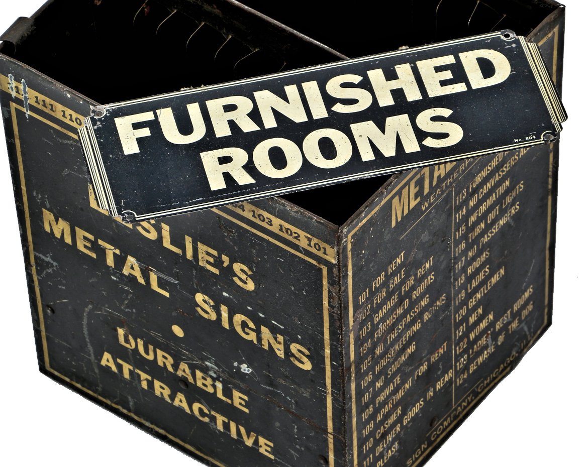 depression era antique american art deco style flophouse or single-room occupancy "furnished rooms" stamped steel sign with bold white lettering