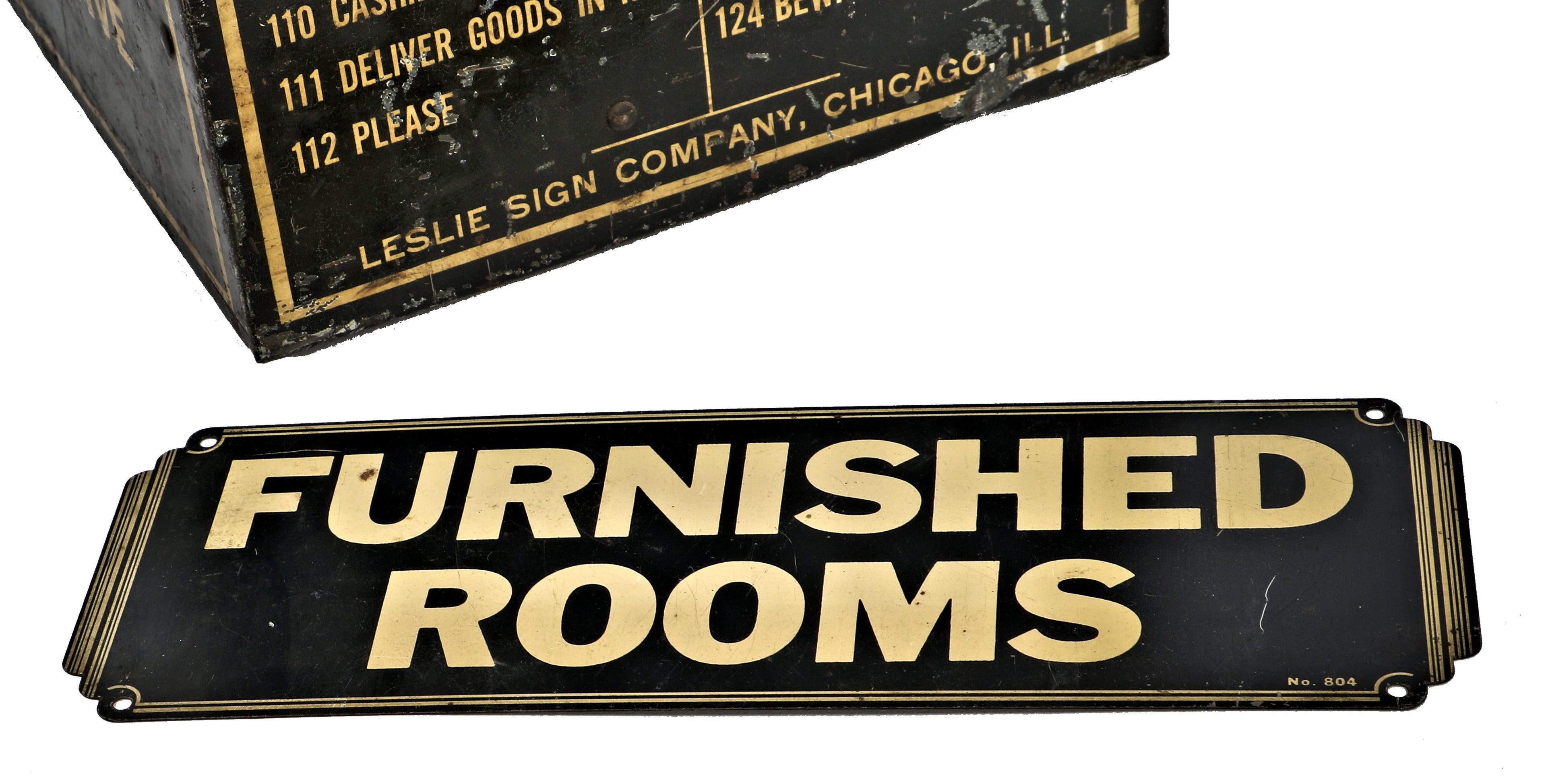 single depression-era original wall-mount "furnished rooms" antique american baked enameled stamped steel sign with bold white lettering