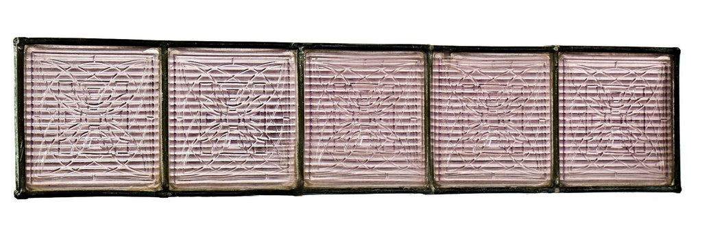 original and highly sought after band of five matching frank lloyd wright-designed "sun purple" ornamental prismatic glass building transom tiles with original soldered caming
