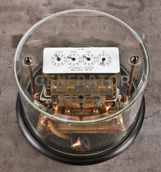 museum quality original and completely intact type d "generator 1" beveled and etched glass encased sangamo watthour meter from commercial building switchboard