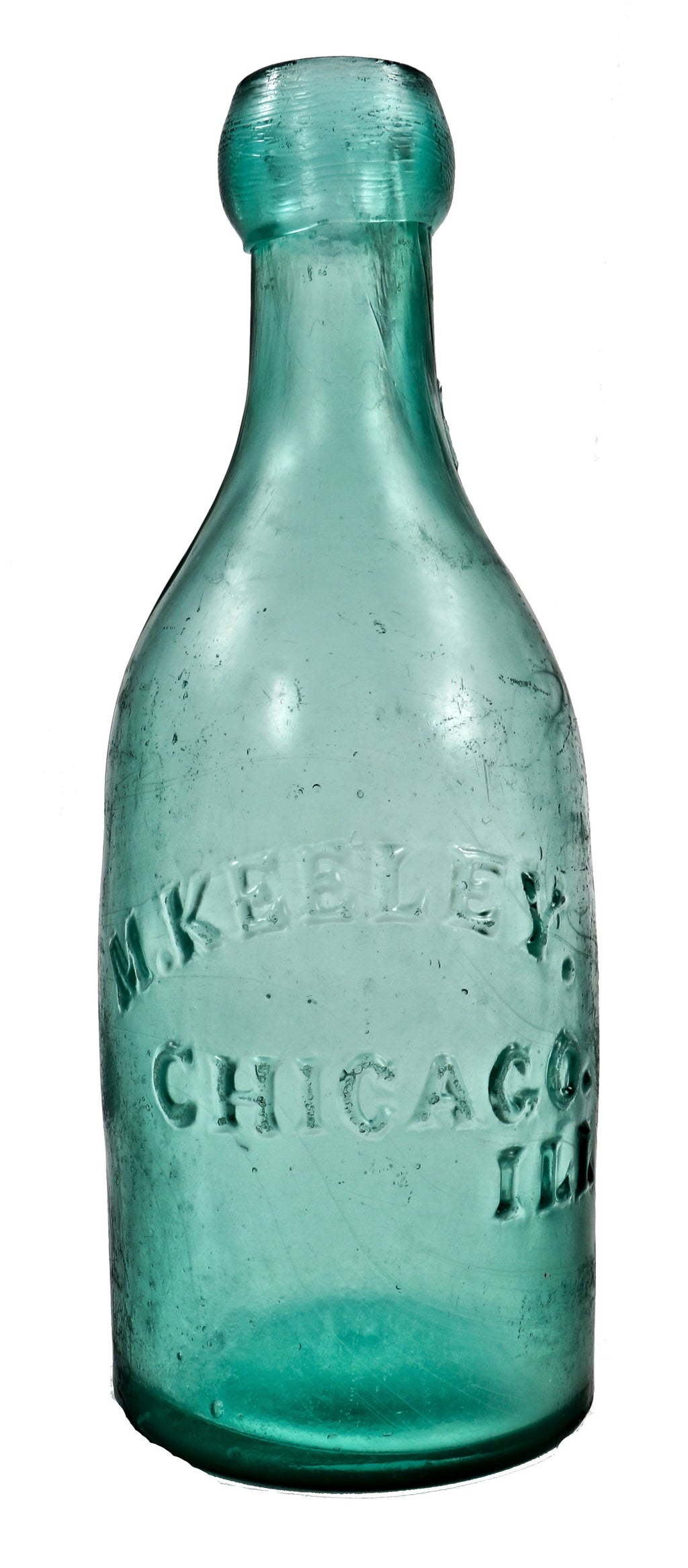 rare and intact 1850's antique american iron pontiled vibrant blue aqua soda or mineral water bottle manufactured for chicago bottler michael keeley