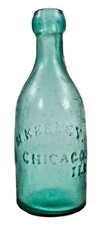 rare and intact 1850's antique american iron pontiled vibrant blue aqua soda or mineral water bottle manufactured for chicago bottler michael keeley