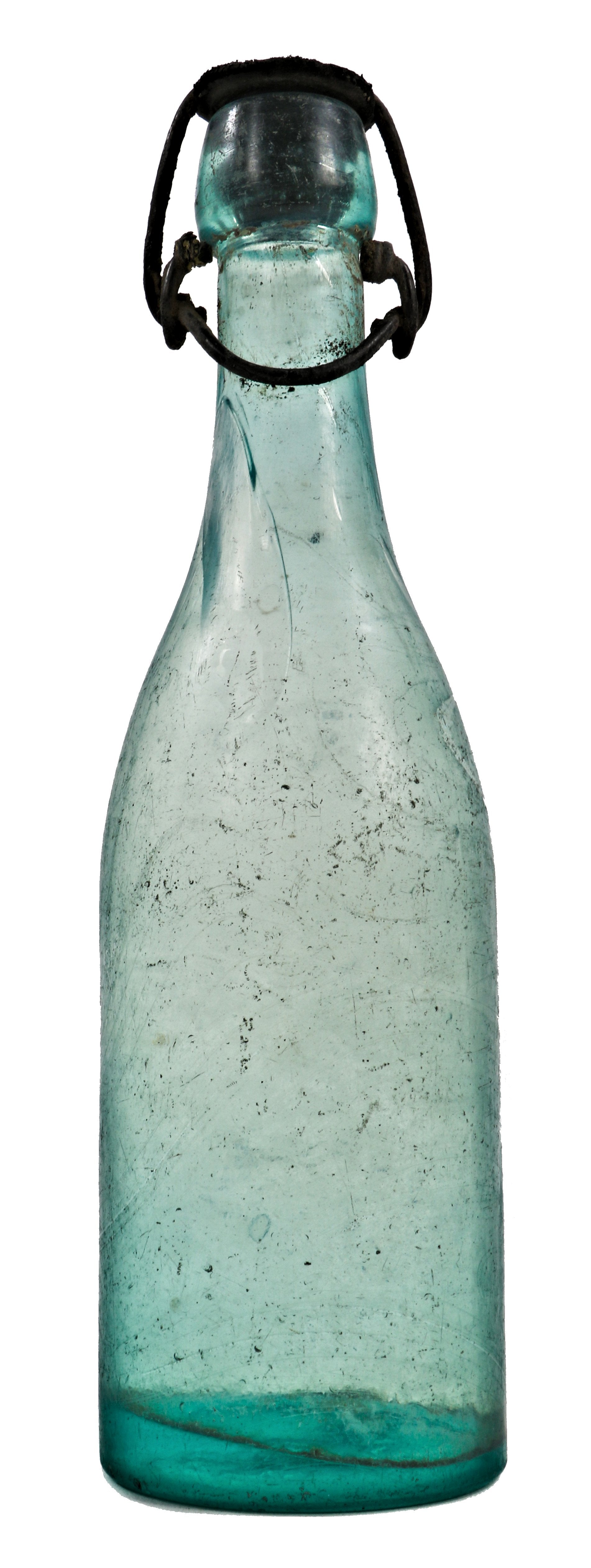 unusual and completely intact antique late nineteenth century blue aqua glass unembossed blobtop soda bottle with intact and still sealed lightning closure.