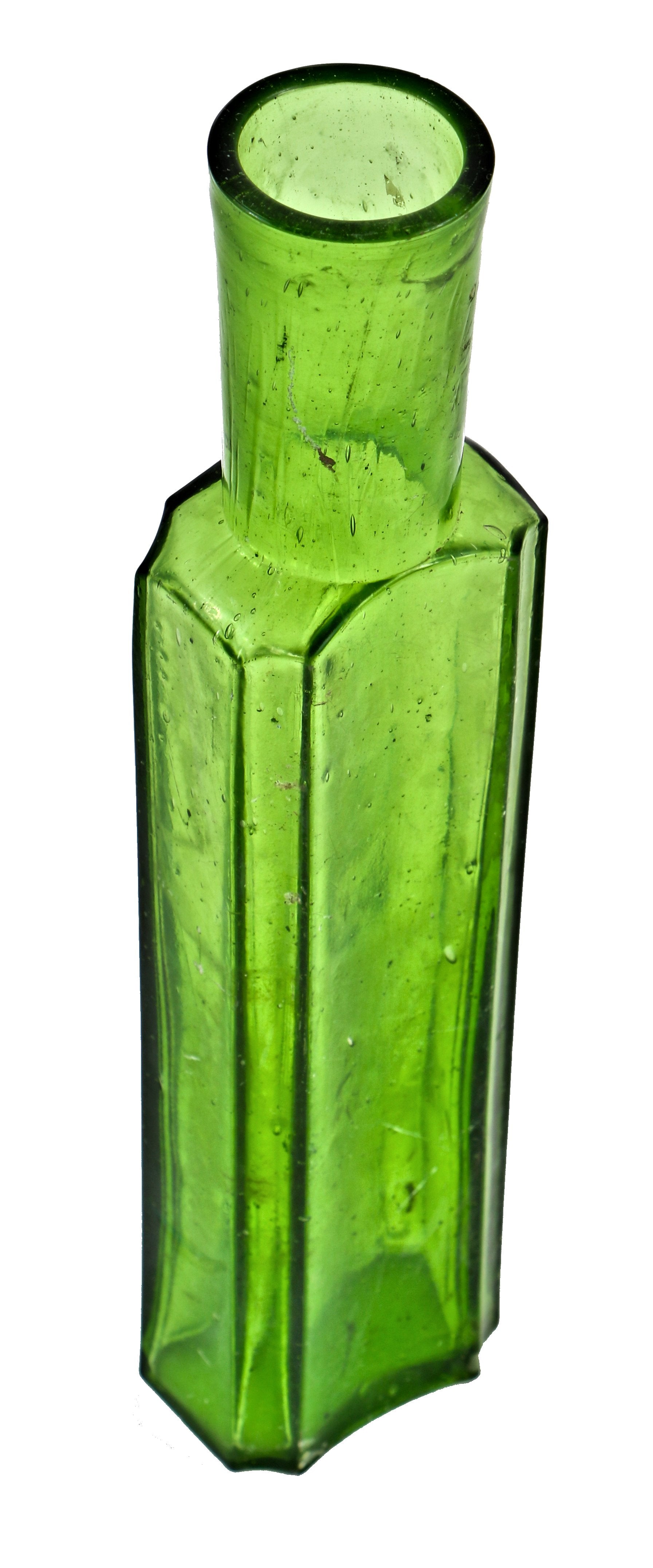 hard to find antique nineteenth century square vibrant electric green condiment or caper jar dug from a chicago area landfill