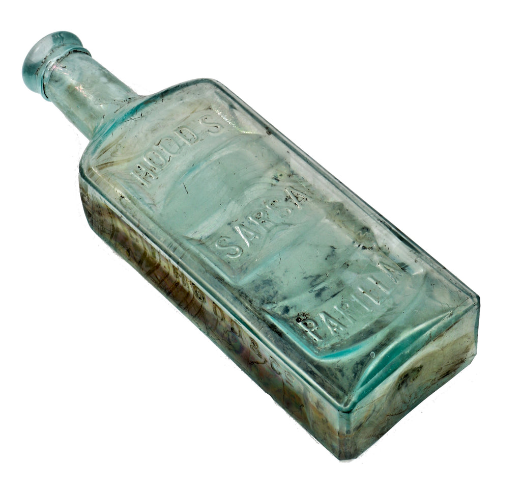 original and intact privy dug c. 1880's blue green glass medicine bottle manufactured for c.i. hood & co. in lowell, mass.