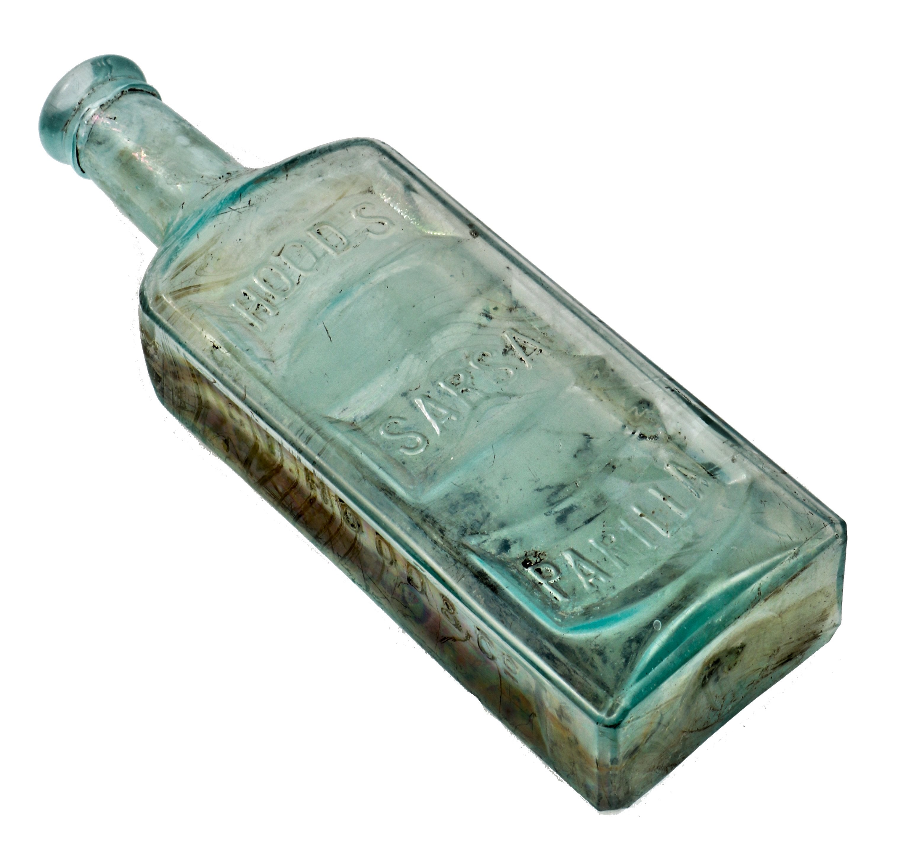 original and intact privy dug c. 1880's blue green glass medicine bottle manufactured for c.i. hood & co. in lowell, mass.