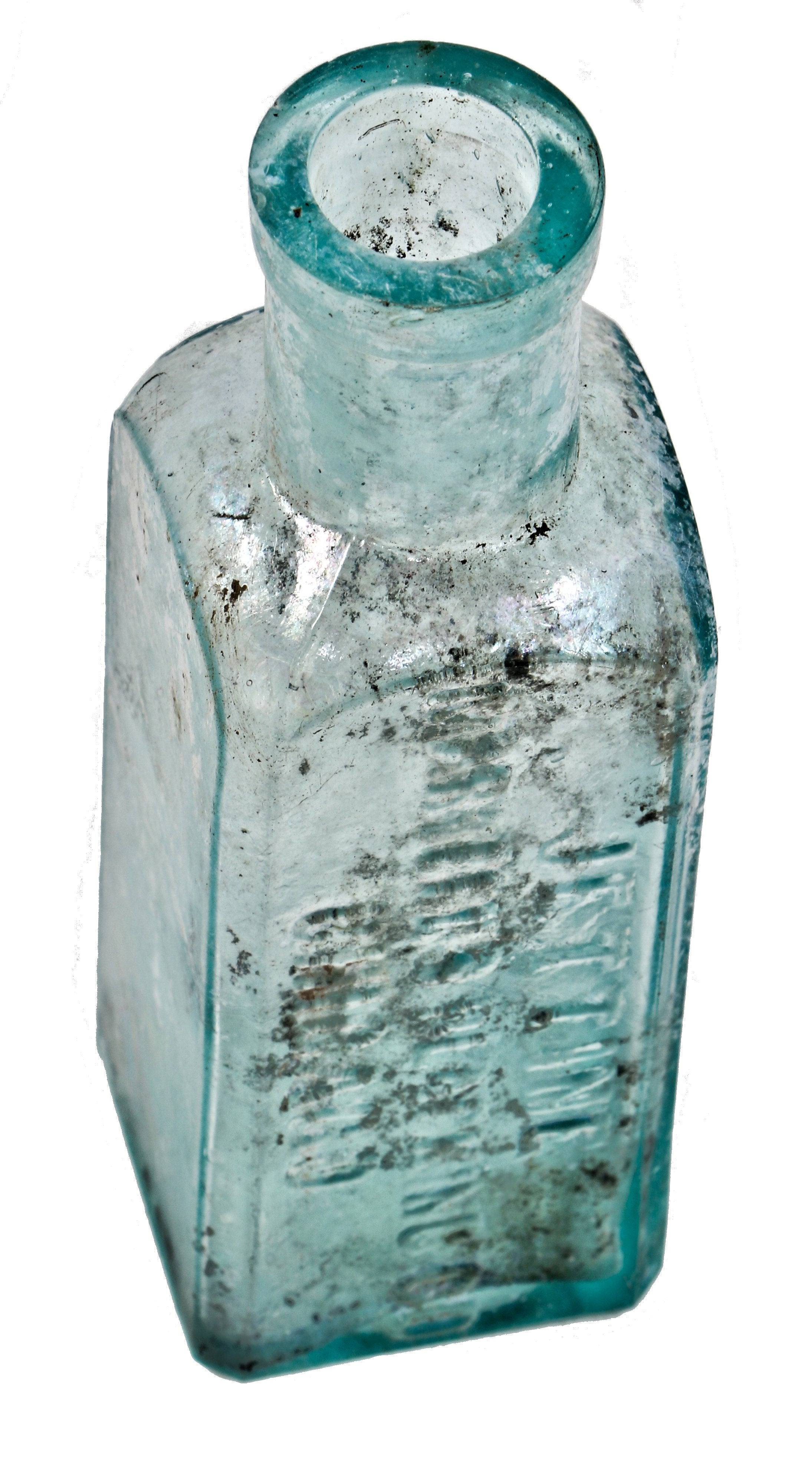 all original and intact c. 1880's square light blue aqua glass shoe polish utility jar manufactured for martells blacking co. in chicago, il.