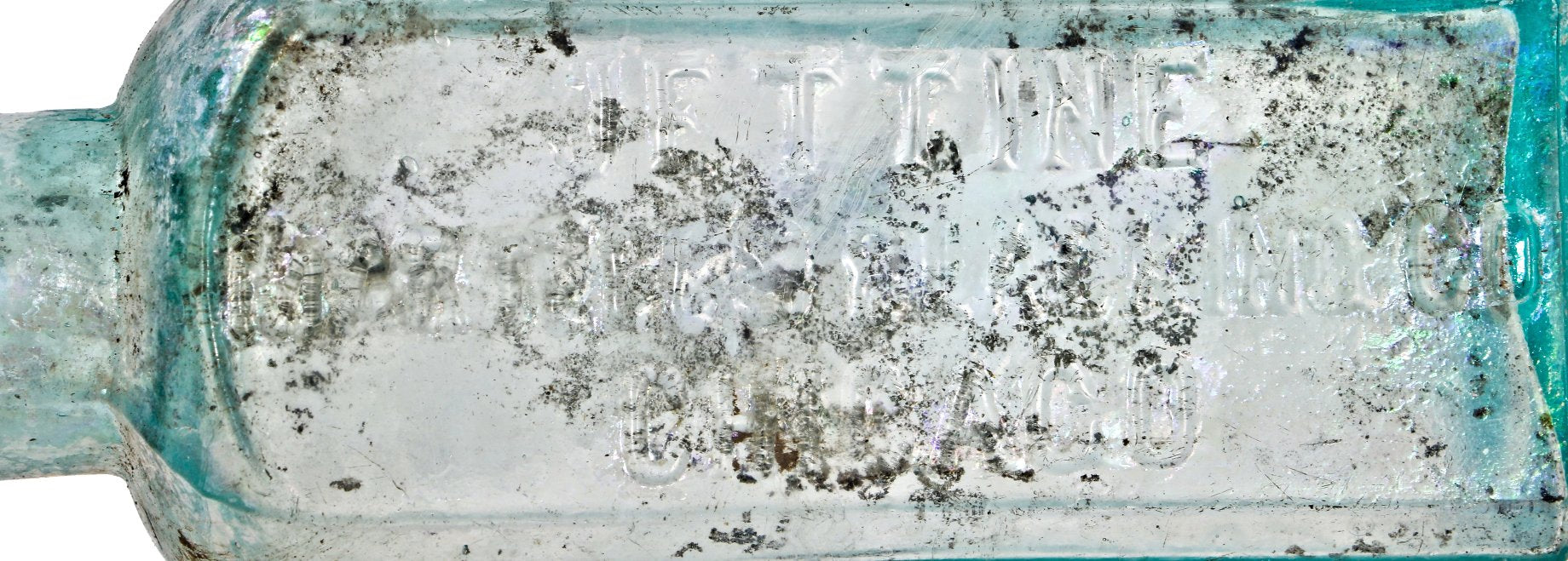 all original and intact c. 1880's square light blue aqua glass shoe polish utility jar manufactured for martells blacking co. in chicago, il.