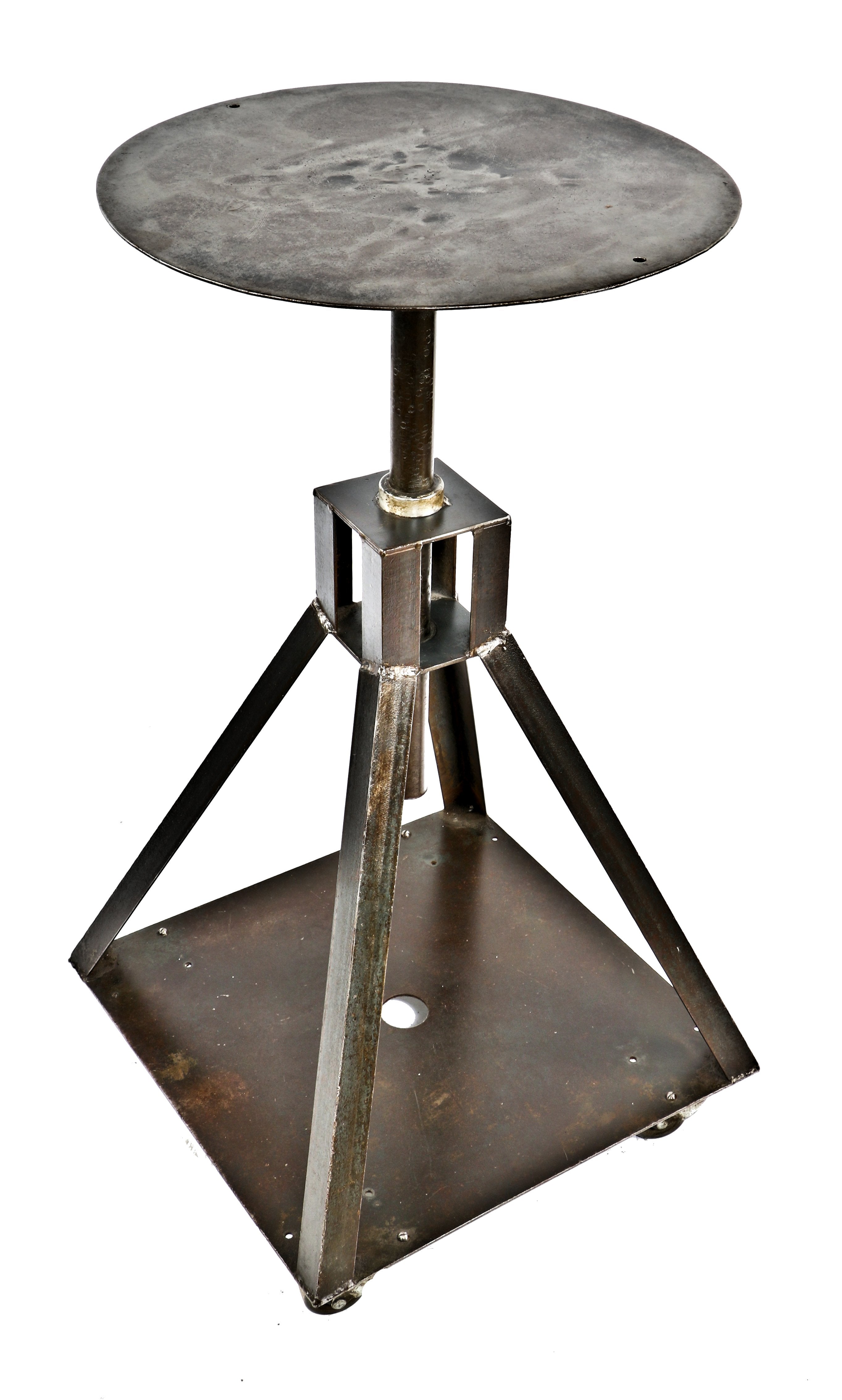 c. 1940's unusual vintage american industrial custom-built heavy gauge steel mobile platform cart or repurposed display stand with revolving top and undershelf