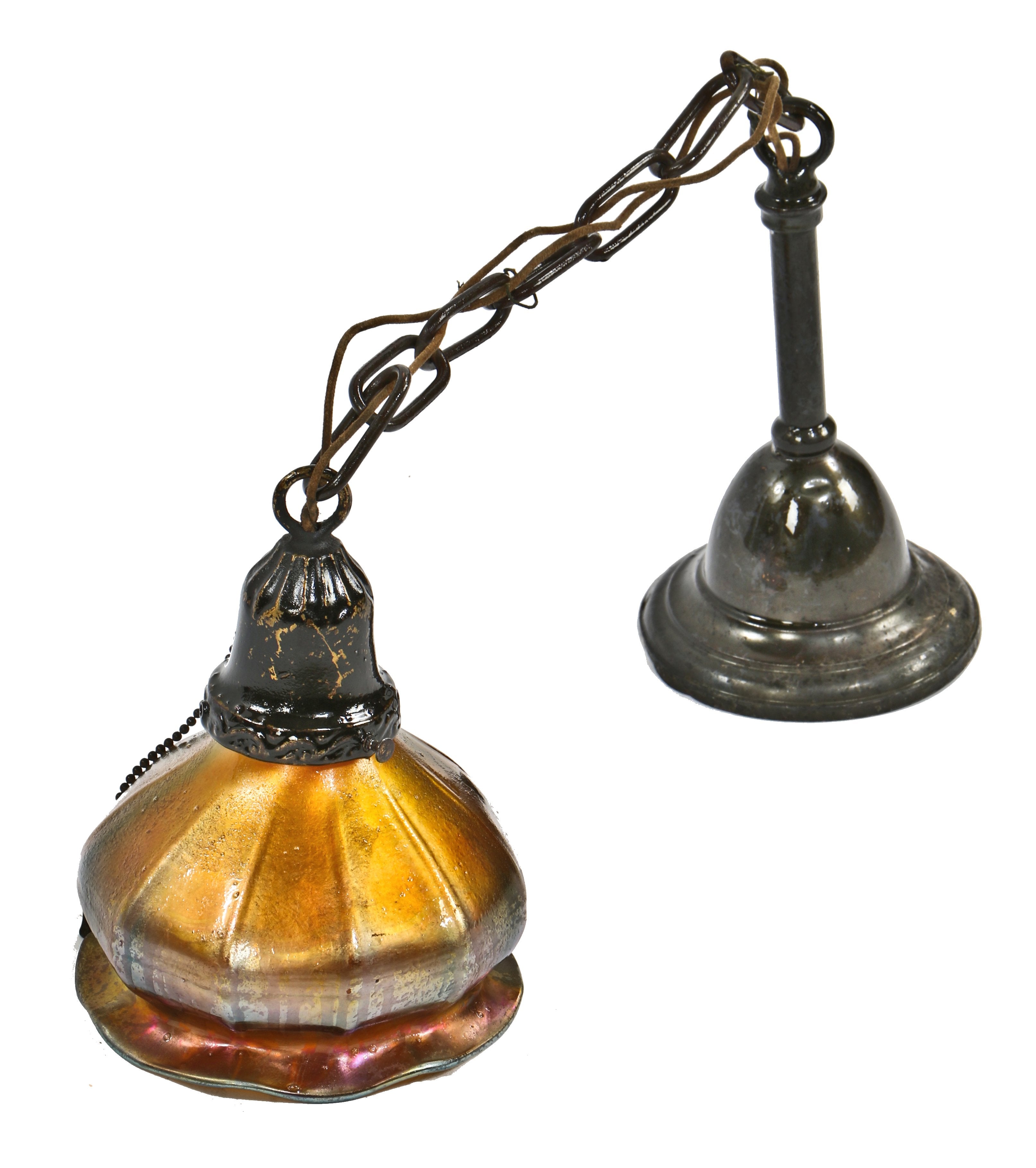 original late 19th or early 20th century antique american interior residential single electric pendant light fixture with unsigned art glass swirl panel and bulbous form shade