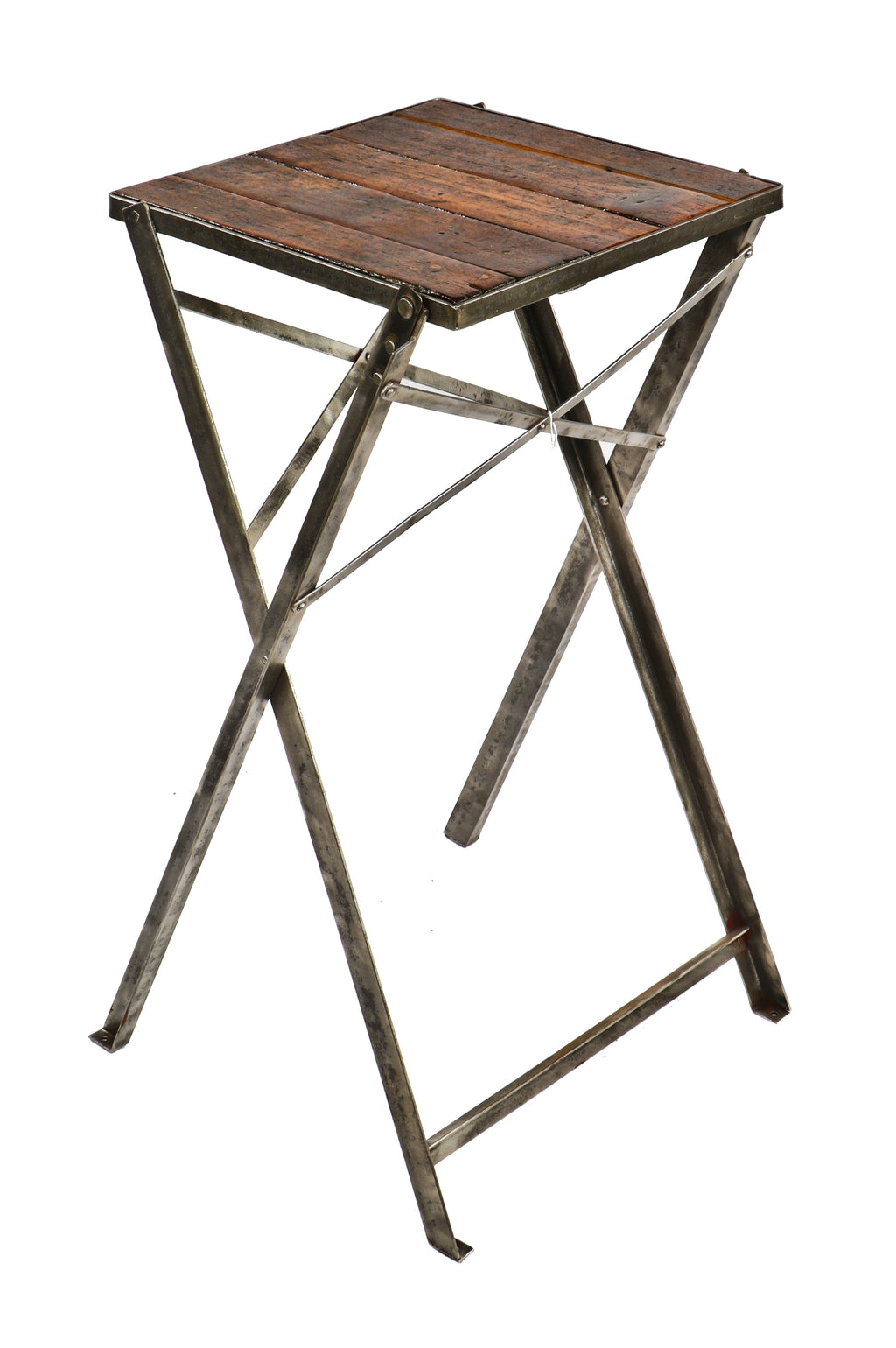 thoroughly cleaned and refinished antique american industrial repurposed collapsible riveted joint angled steel work stand with newly added pine wood top