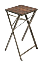 thoroughly cleaned and refinished antique american industrial repurposed collapsible riveted joint angled steel work stand with newly added pine wood top