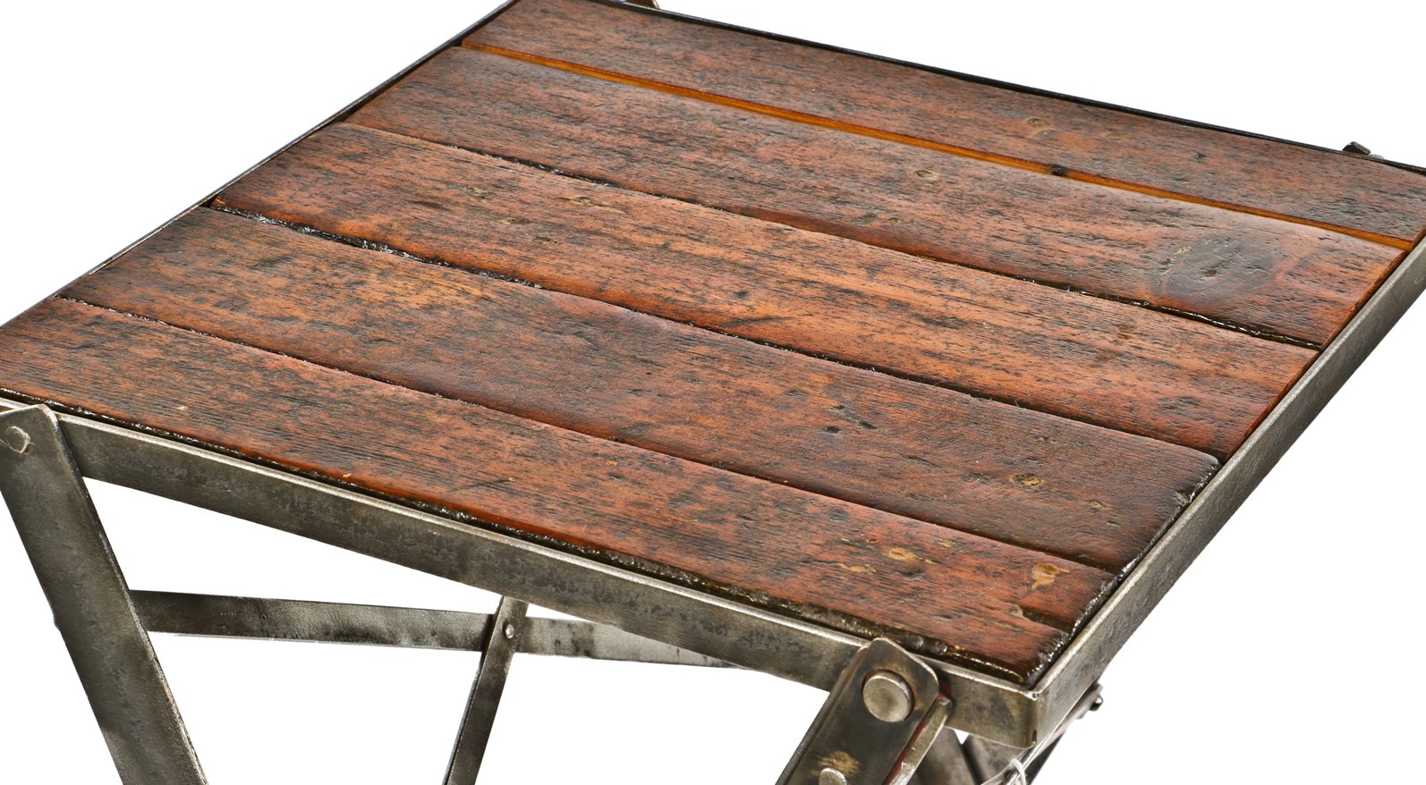 thoroughly cleaned and refinished antique american industrial repurposed collapsible riveted joint angled steel work stand with newly added pine wood top